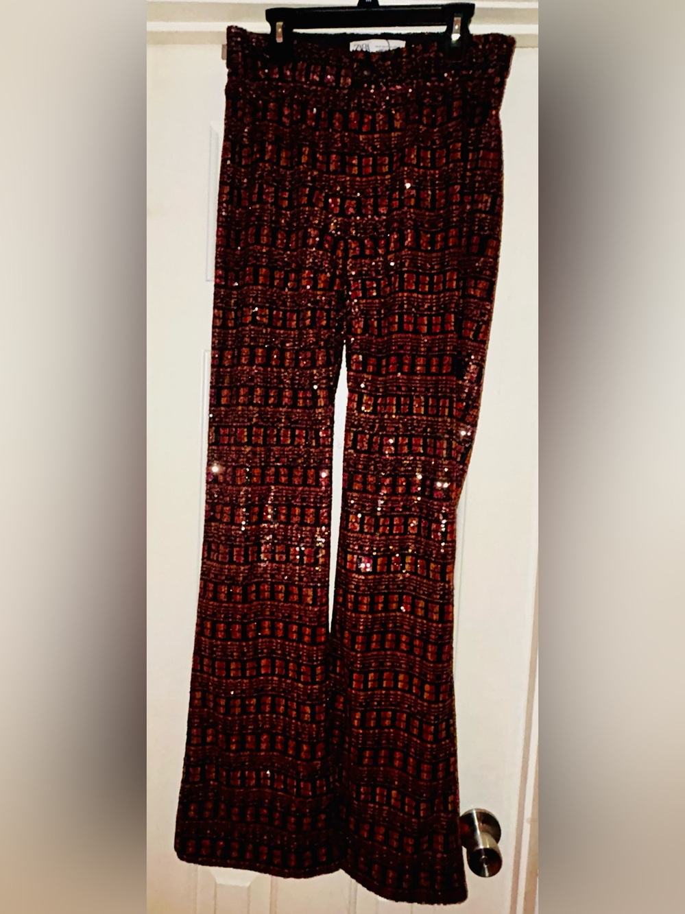 Zara Multicolor Sequin Flare Pants Black Red Orange Disco M